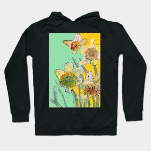 Abstract Yellow Daffodil Watercolor Pattern on Green Hoodie